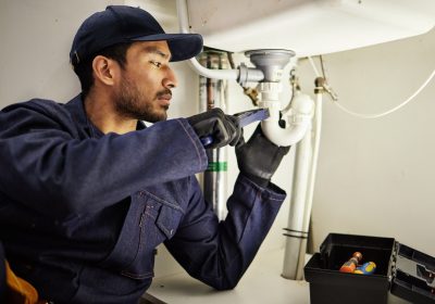 Plumbing, pipes and maintenance with man in kitchen for repair, industrial and inspection. Handyman Plumbing, pipes and maintenance with man in kitchen for repair, industrial and inspection. Handyman